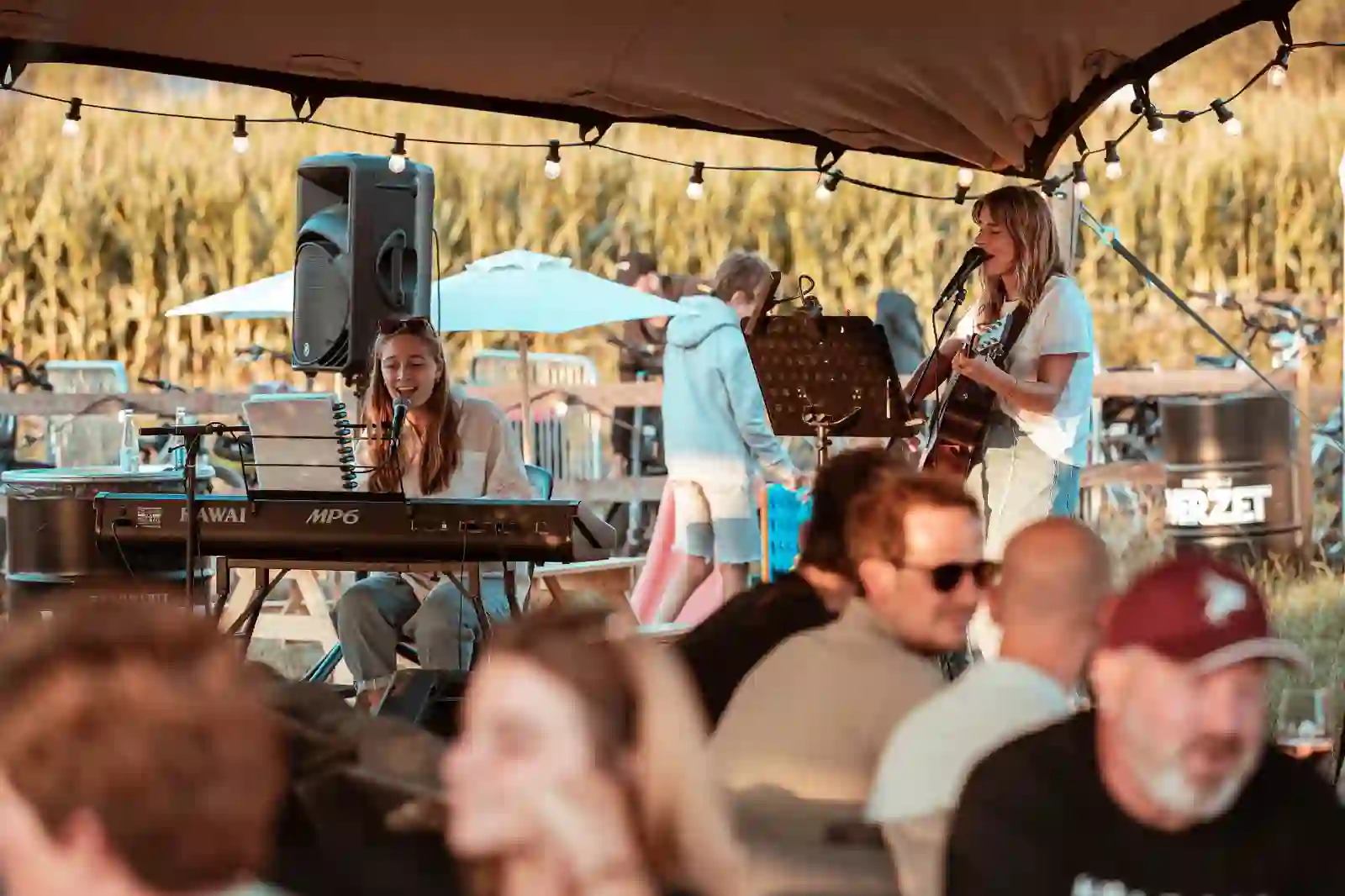 Lokale muzikanten spelen live onder de tent bij BARk